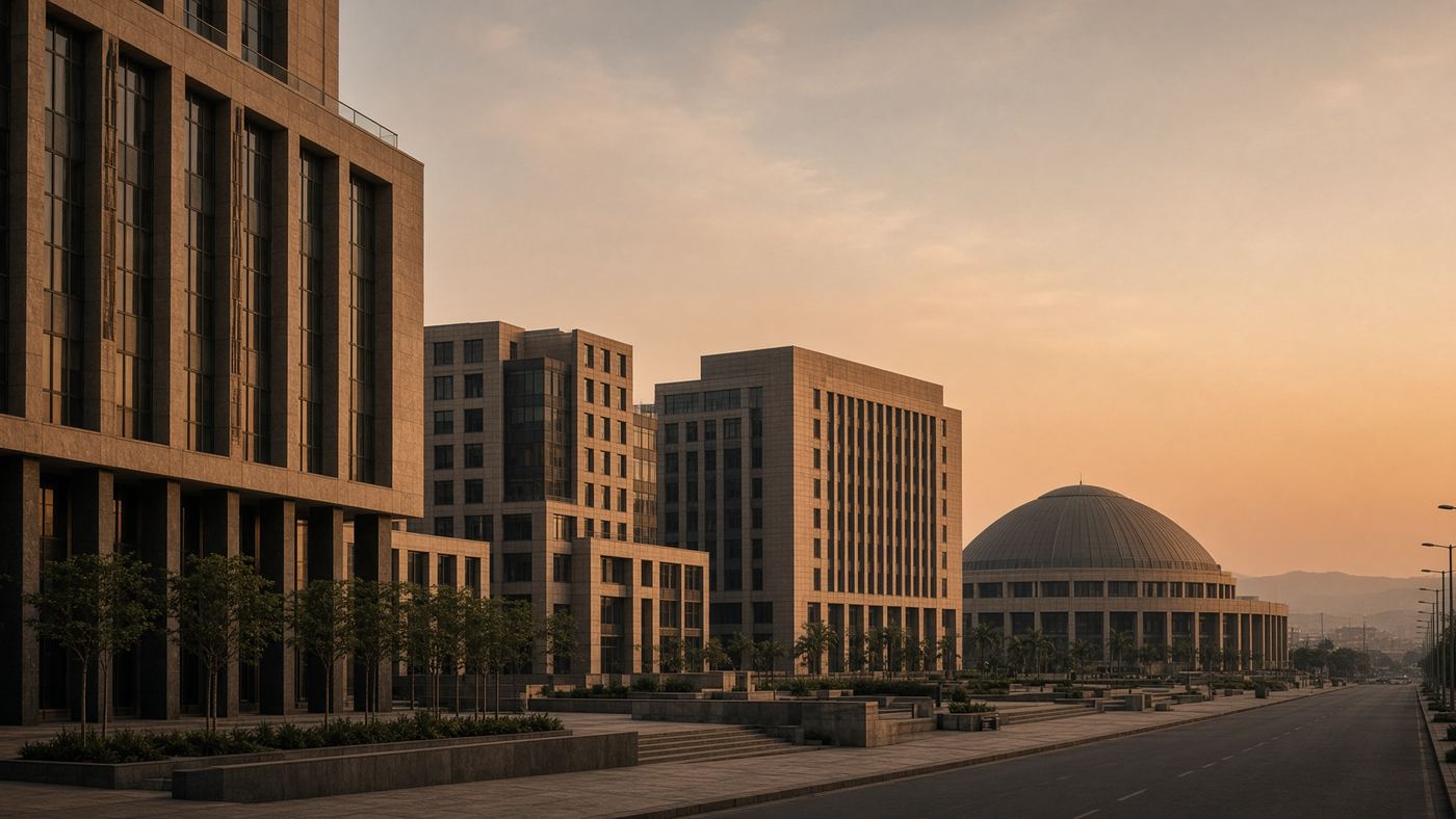 Late-afternoon light on commercial buildings in Abuja’s Central Business District