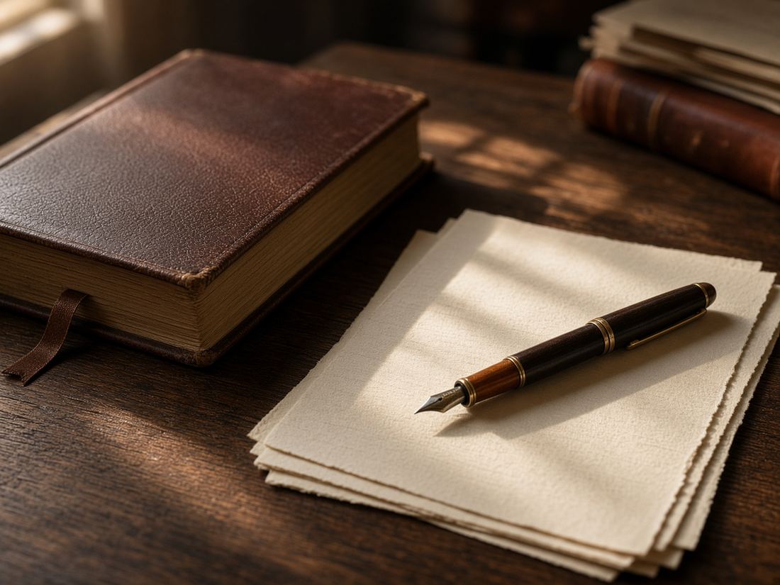 Leather ledger and fountain pen on a desk