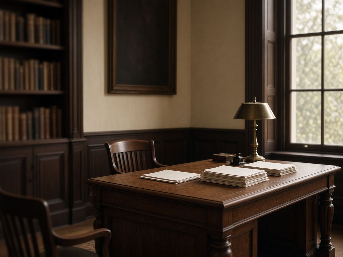 A quiet partner’s office in Abuja: oak desk, files and late light